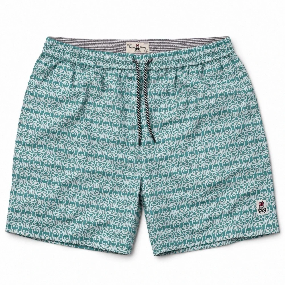 Psycho Bunny Swim Trunks Mens L Teal White Bunny Skull Print Mesh Lined